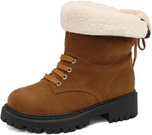 Женские зимние ботинки с искусственным мехом, шнуровкой и низким массивным каблуком для походов Cantianshu, 120 Brown