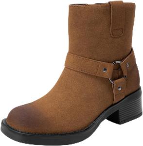Женские ботильоны DREAM PAIRS с боковой молнией, мотоботинки, квадратный носок, массивный низкий каблук, модные пряжки, байкерские ботинки для езды, Brown