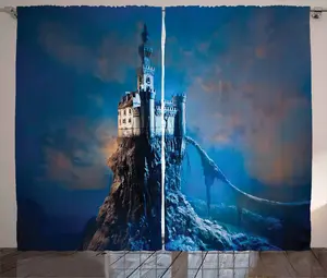 Штора ABAKUHAUS Fantasy Rustic, Castle Hill Top, присборенная тесьма для спальни с петлями и крючками, 280 x 245 см, цвет: нежно-голубой, оранжево-кремовый Abakuhaus