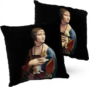 Декоративная подушка ПРЕМИУМ, велюр, 40х40 см, дама с котенком, Леонардо, кот Винчи, декоративная с наполнителем, для гостиной, спальни или в подарок, 5 шт. 5made