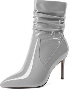 Женские скошенные ботильоны Mettesally с высоким каблуком, заостренным носком, модные стильные с боковой молнией, каблук 3,5 дюйма, ботинки средней высоты, Patent Grey