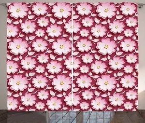 Штора ABAKUHAUS Floral Rustic, с рисунком лепестков японской вишни, универсальная ленточная штора для гостиной с петлями и крючками, 280 x 175 см, бледно-розовый, бордово-желтый Abakuhaus