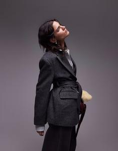 Двубортный твиловый пиджак с поясом Topshop угольного цвета