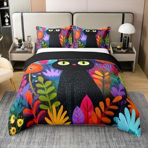 Erosebridal Комплект постельного белья Floral Boho Black Cat из 100% хлопка с этническим цветочным принтом и мультяшными котятами, Multi 25