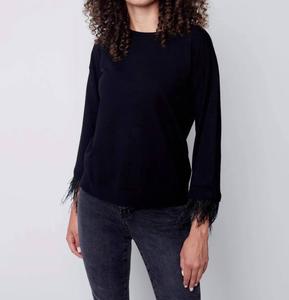 Свитер с круглым вырезом и съемными манжетами из перьев черного цвета CHARLIE B