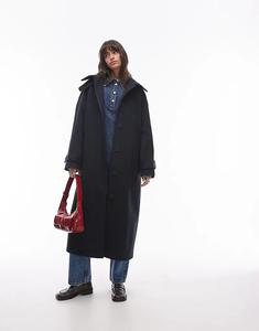 Пальто-автомобиль Topshop с поясом, твил, темно-синего цвета