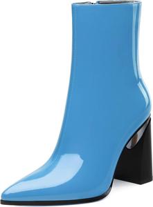Женские ботильоны, 3,5 дюйма с заостренным носком, лакированные ботильоны на высоком каблуке, короткие ботинки с массивным каблуком и боковой молнией Heisnemca, Sky Blue Patent