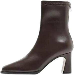 Женские мягкие кожаные ботильоны с квадратным носком, высоким каблуком и боковой молнией, весенне-осенние туфли Generic, Brown