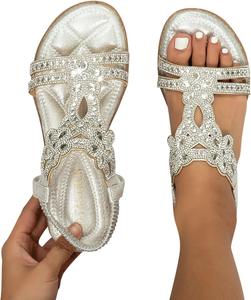 Женские сандалии ZBYY, босоножки с плоской подошвой, бохо стиль, со стразами, открытый носок, эластичный ремешок на щиколотке, летние удобные пляжные сандалии, серебро