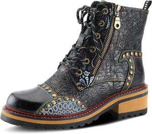 Женские ботильоны L'Artiste Rugup из комбинированной кожи | Низкие ботинки на каблуке с шнуровкой, молнией и искусственным мехом Spring Step L'Artiste, Black Multi