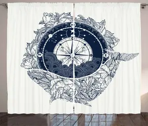 Штора ABAKUHAUS Adventure Rustic, античный морской компас, универсальная ленточная штора для гостиной с петлями и крючками, 280 x 175 см, темно-синий с белым Abakuhaus