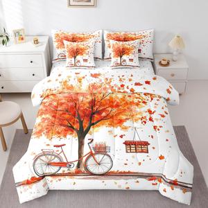 Erosebridal Комплект постельного белья Maple Leaf Bicycle с осенним листовым принтом, 7 предметов, Orange,white