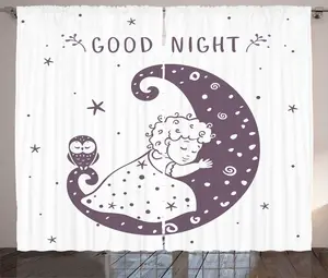 Штора в деревенском стиле ABAKUHAUS Proverb, Девушка на луне, сова, присборенная штора из тесьмы для спальни с петлями и крючками, 280 x 225 см, цвет лилово-серый и белый Abakuhaus