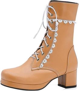 Женские ботильоны VOKLIN в стиле Лолита для косплея, с круглым носком, на шнуровке, с массивным средним каблуком, короткие, Apricot-Velvet Lined