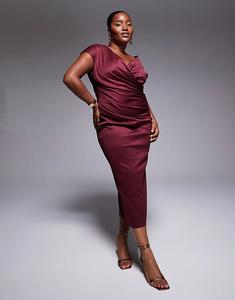 Платье миди ASOS DESIGN Curve с изогнутым кроем, рукавами-крылышками и драпировкой спереди в темно-ягодном цвете