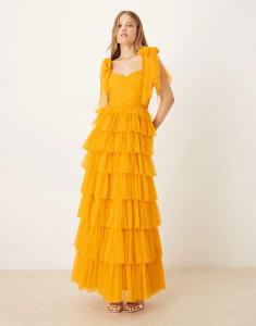 Платье макси из тюля с бантом на плече, кружевом и бисером, цвета ириски