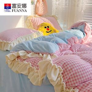 FUANNA Комплект постельного белья 3 предмета, 90x200 см, молочный бархат, двойная теплота, розовая клетка + голубой