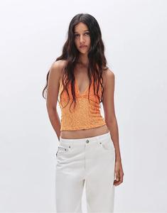 Кружевной топ-халтер Pull&Bear Knit оранжевого цвета