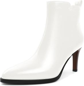 Jaffamiraco Удобные черные кожаные ботильоны на щиколотку - заостренный носок, туфли на шпильке для вечернего выхода, 3-дюймовые ботинки на молнии