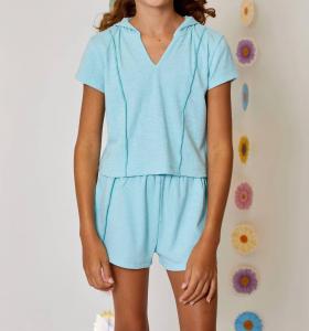 Девчачья худи с V-образным вырезом в ворсистом бирюзовом Design History