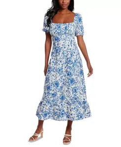 Женское платье миди с пышными рукавами, сборками и завышенной талией со складками на спине London Times, синий