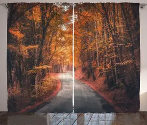 Штора ABAKUHAUS Осенняя деревенская, Дорожка из лесных листьев, для спальни, присборенная тесьма с петлями и крючками, 280 x 225 см, светло-серый с жженым оранжевым оттенком Abakuhaus