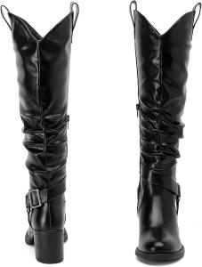 Женские ботфорты с массивным каблуком, заостренным носком, удобные и модные, для осени и зимы. Ruiee, Schwarz Pu 266