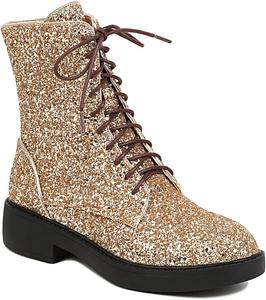 Женские блестящие ботинки YIYA с шнуровкой, пайетками и кружевом, с круглым носком, массивным низким каблуком, молнией сбоку и блестящей отделкой на щиколотке, Gold