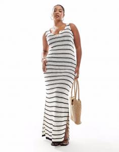 Длинное платье крючком New Look Curve в полоску черного и белого цвета New Look Plus