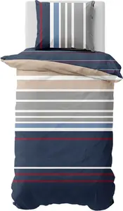 Постельное белье Nautica Satin - Bradford - Stripes, морской стиль, 155 x 220 см, с полосками, синего, белого, красного, бежевого цветов.