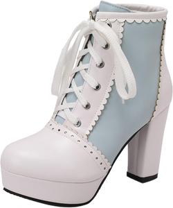 Женская мода: короткие ботильоны Лолита с высокими каблуками 9,5 см, круглый носок, платформа, лаконичные шнурки, многоцветная цветочная печать, для вечеринок, размер US4-US15, модель 998-14-18 LYYSKY, Blue(998-15)