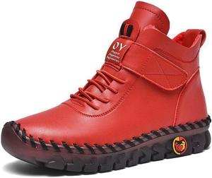 Женские высокие ботинки на плоской подошве из искусственной кожи с ортопедическим эффектом - удобные зимние ботильоны для плоской стопы, ручная работа, нескользящие с шнуровкой Generic, Red