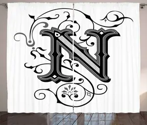 Штора ABAKUHAUS Letter N в деревенском стиле, темная цветовая палитра N, универсальные ленточные шторы для гостиной с петлями и крючками, 280 x 175 см, черный, белый, серый Abakuhaus