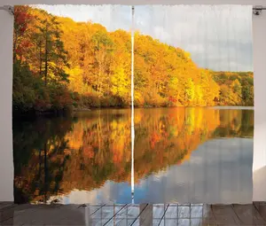 Штора ABAKUHAUS Осенний деревенский пейзаж на закате, универсальная ленточная штора для гостиной с петлями и крючками, 280 x 225 см, цвет: оранжевый, светло-серый, зеленый Abakuhaus