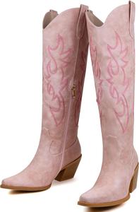 MISSMILLER женские ковбойские сапоги, высокие ковбойские сапоги с вышивкой ретро-цветов, массивный каблук, заостренный носок, ретро-стиль, классические вестерн-сапоги с боковой молнией, Pink-L