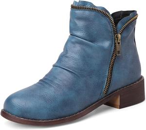 Женские ретро ботильоны VOKLIN на низком каблуке, с круглым носком и двойной молнией, удобные элегантные короткие ботинки, Blue-Velvet Lined