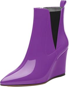 Женские ботильоны, с острым носком на высокой танкетке, короткие сапожки с боковой молнией и эластичной вставкой, высота каблука 3,3 дюйма MISEZOXI, Purple Patent