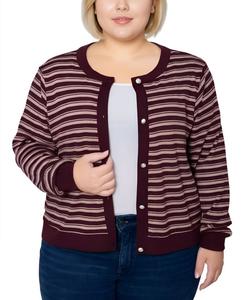 Женский кардиган большого размера с длинными рукавами и ребристой текстурой NY Collection, Burgundy Tan Stripe