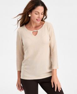 Женская жаккардовая блузка с цветочным принтом и вырезом-капелькой JM Collection, Neo Natural