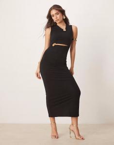 Платье миди без рукавов с вырезами и отделкой кольцами ASOS DESIGN черного цвета