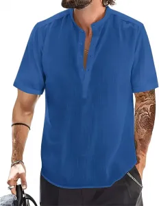 Мужская футболка с коротким рукавом и воротником стойкой, свободная, V-образный вырез