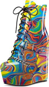 Женские ботильоны Castamere с высокой танкеткой, платформой, круглым носком, шнуровкой и молнией, короткие ботинки с металлической цепочкой, каблук на выпускной 15 см, Colorful Graffiti