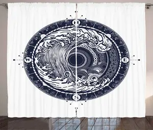 Штора ABAKUHAUS Compass Rustic, Морская навигация, Большая волна, универсальная ленточная штора для гостиной с петлями и крючками, 280 x 245 см, цвет Темно-синий, белый Abakuhaus