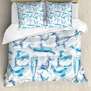 Пододеяльник ABAKUHAUS с изображением морских животных, рисунок дельфина, защита от клещей, подходит для аллергиков, с наволочками, 200 x 200 см - 80 x 80 см, бирюзовый