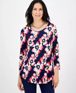 Женский топ с принтом, круглым вырезом и рукавами 3/4 JM Collection, мультиколор