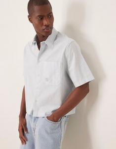 Рубашка свободного кроя из смесового льна синего цвета с вышивкой в тон на груди Asos Design