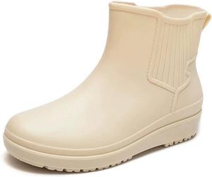 Женские резиновые сапоги с плюшевой подкладкой, сапоги средней высоты из резины для женщин - водонепроницаемые ботильоны на плоской подошве для девушек ISPDDELR, Apricot