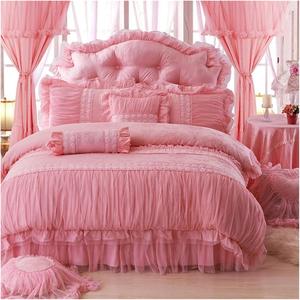 UOIO Комплект постельного белья UOIO с кружевными цветами в стиле принцесса, бежевый жаккардовый сатин с рюшами Pink