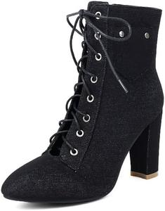 Женские ботильоны с заостренным носком и широким каблуком, на шнуровке, из денима, с боковой молнией, уличный стиль, на все сезоны Hhhchpm, Black