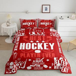 Erosebridal Комплект постельного белья Hockey Motivational с мотивационным принтом хоккейной тематики в красно-белой гамме, Red White